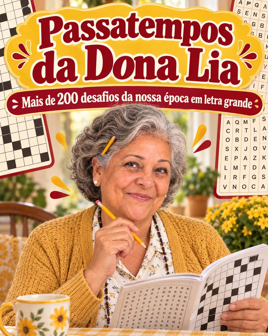 Capa do livro Passatempos da Dona Lia, mais de 200 desafios da nossa época em letra grande, com a Dona Lia sorrindo com um lápis na mão