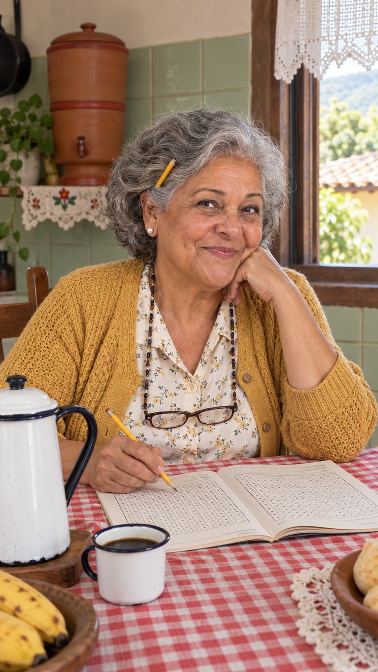 Dona Lia na mesa da cozinha, com um livro de passatempos aberto, lápis na mão e um bule de café ao lado